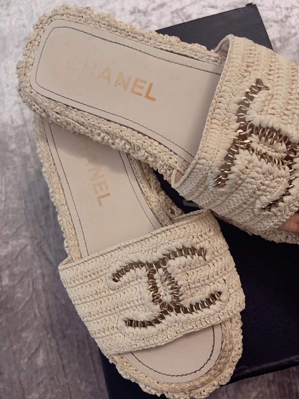 CHANEL Cream Crochet Slide Sandals with Gold CC Accent